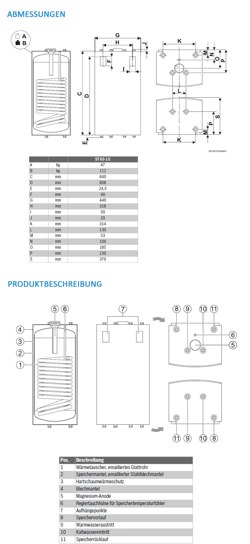 Bosch Warmwasserspeicher mit integriertem Wärmetauscher und Magnesium-Anode, ausgestattet mit verschiedenen Anschlüssen für Wasserzufuhr und -abfuhr.